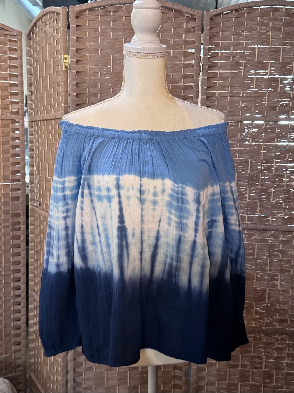 Blue Ombre Tie Dye Off Shoulder Blouse Boho Peasant Size Small 100% Cotton NWT